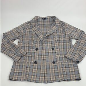 Simplee Gray Tan Plaid Double-Breasted blazer Jacket Medium Buttons Lightweight